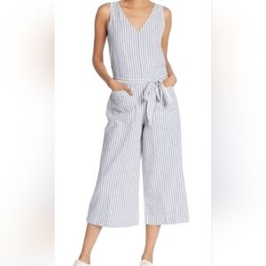 beachlunchlounge Blue and White Striped Jumpsuit NWT Linen Wide Leg